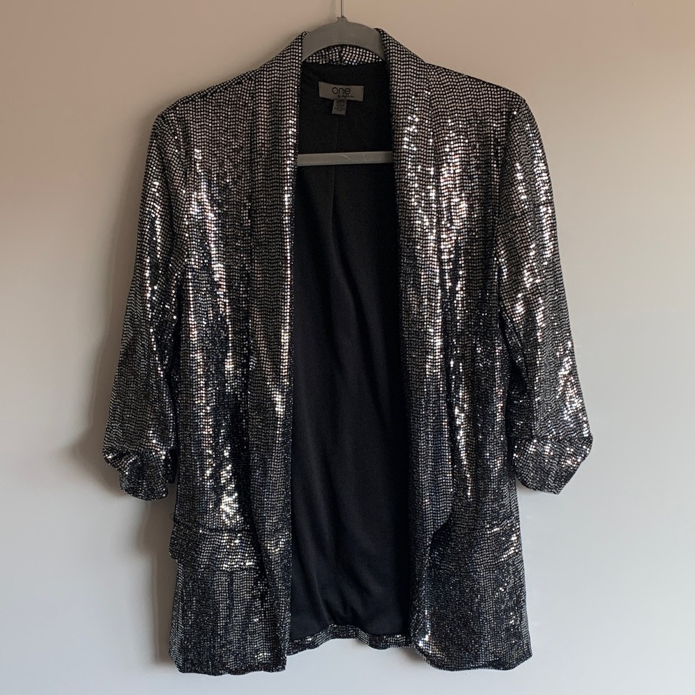 ONE Metallic Sequin Open-Front Blazer - Silver